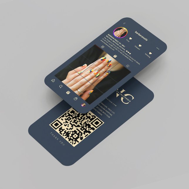 Tarjeta De Visita Moderno artista de uñas Salon Dark Blue Gold Insta (Modern Nail Artist Salon Dark Blue Gold Instagram Business Card
)