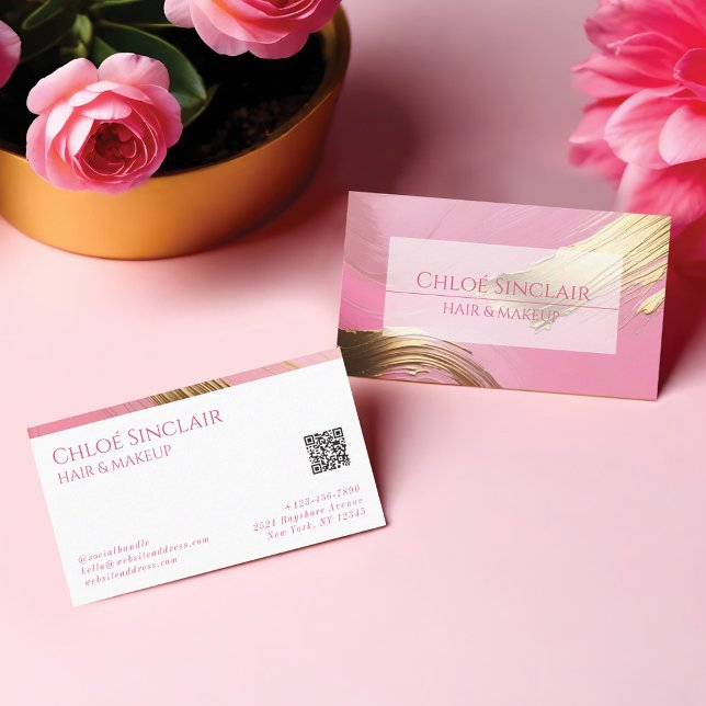 Tarjeta De Visita Moderno Artista Glamuroso De Cabello Y Maquillaje  (Modern Glamorous Hair & Makeup Artist Gold & Pink Business Card)