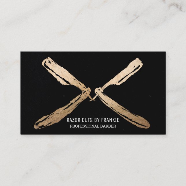 Tarjeta De Visita Moderno Artsy Gold Black Razor Blades Barber (Anverso)