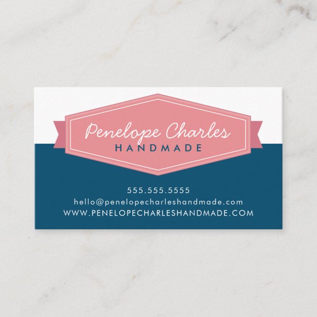 Tarjeta De Visita MODERNO BADGE LOGO retro coral rosa azul oscuro (Anverso)