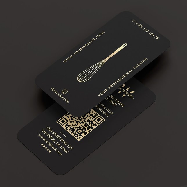Tarjeta De Visita Moderno Baker Caterer Black Faux Gold Whisk (Minimal Modern Baker Caterer Black Gold Whisk Business Card
)