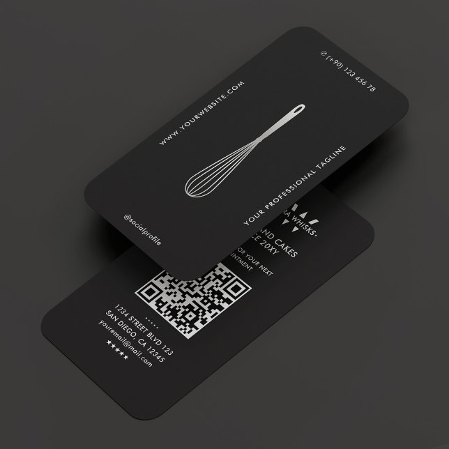 Tarjeta De Visita Moderno Baker Monogram Caterer Black Silver Whisk (Modern Baker Monogram Caterer Black Silver Whisk Business Card
)