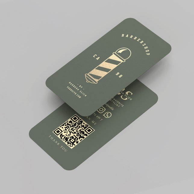 Tarjeta De Visita Moderno Barbershop Gold Barber's Pole Sage Green (Modern Barbershop Gold Barber's Pole Sage Green Business Card
)