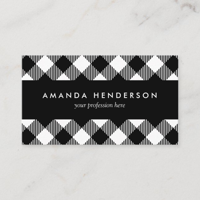 Tarjeta De Visita Moderno Black and White Check Gingham Pattern Busi (Anverso)