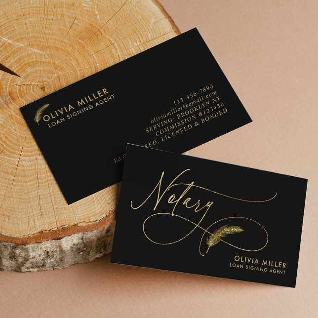 Tarjeta De Visita Moderno Black Gold Feather Script Notary Loan Agen (Subido por el creador)