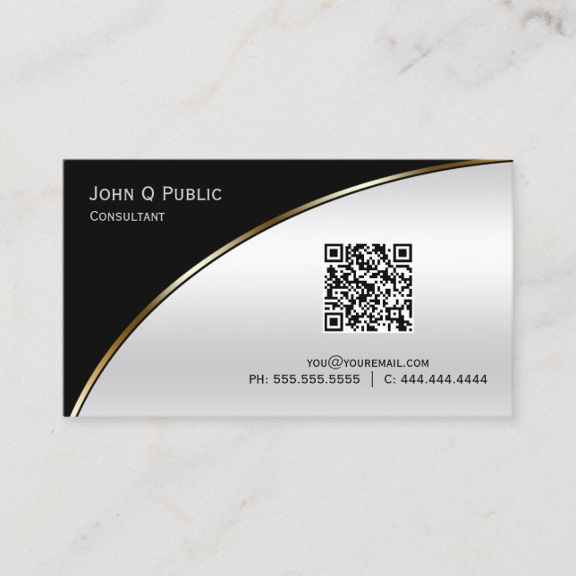 Tarjeta De Visita Moderno Black Light Silver QR Elegante Profesional (Anverso)
