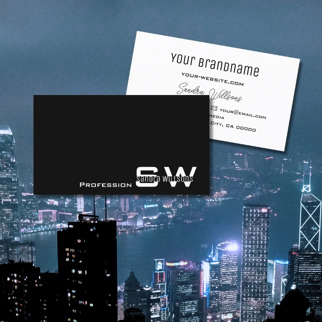 Tarjeta De Visita Moderno blanco y negro liso con monograma simple (Subido por el creador)