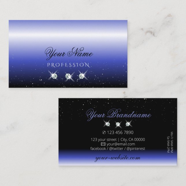 Tarjeta De Visita Moderno Blue Black Ombre Esparkle Diamonds Elegant (Anverso / Reverso)