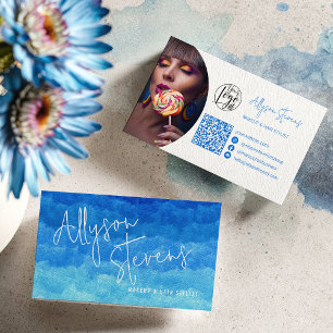 Tarjeta De Visita Moderno Blue Paint Beauty Makeup Hair logo qr