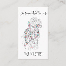 Tarjeta De Visita Moderno Boho Blanco Negro Wavy Hair Style Floral