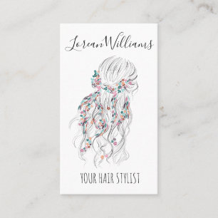 Tarjeta De Visita Moderno Boho Blanco Negro Wavy Hair Style Floral