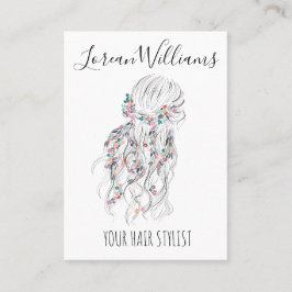 Tarjeta De Visita Moderno Boho Blanco Negro Wavy Hair Style Floral