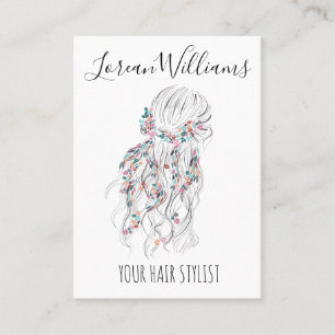 Tarjeta De Visita Moderno Boho Blanco Negro Wavy Hair Style Floral