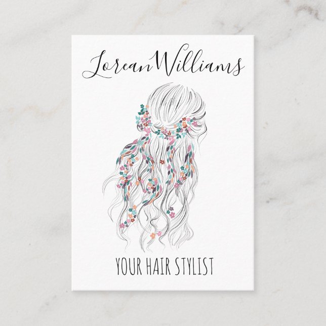 Tarjeta De Visita Moderno Boho Blanco Negro Wavy Hair Style Floral (Anverso)