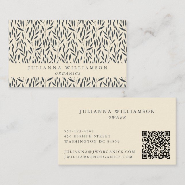 Tarjeta De Visita Moderno Boho Botanage Black White QR (Anverso / Reverso)