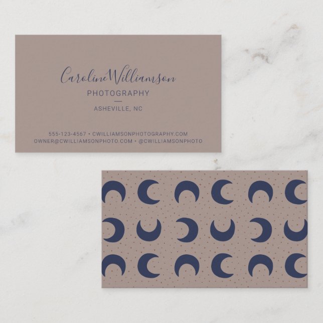 Tarjeta De Visita Moderno Boho Lunas Beige Azul Simple Tendencia (Anverso / Reverso)