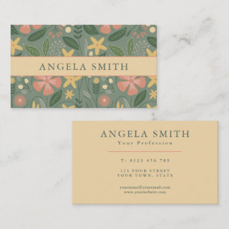 Tarjeta De Visita Moderno Boho Verde Crema Floral