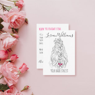 Tarjeta De Visita Moderno cabello ondulado blanco negro rosado de ba