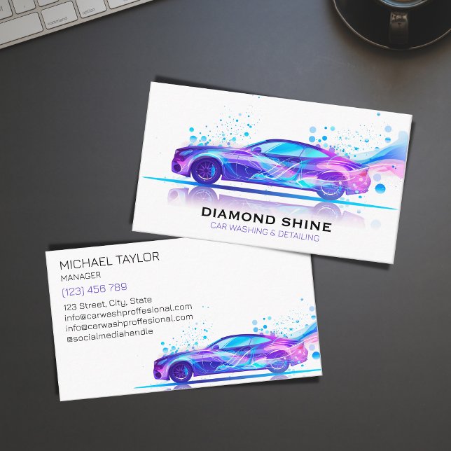 Tarjeta De Visita Moderno coche profesional Lavado automático (modern sports purple holograph car)