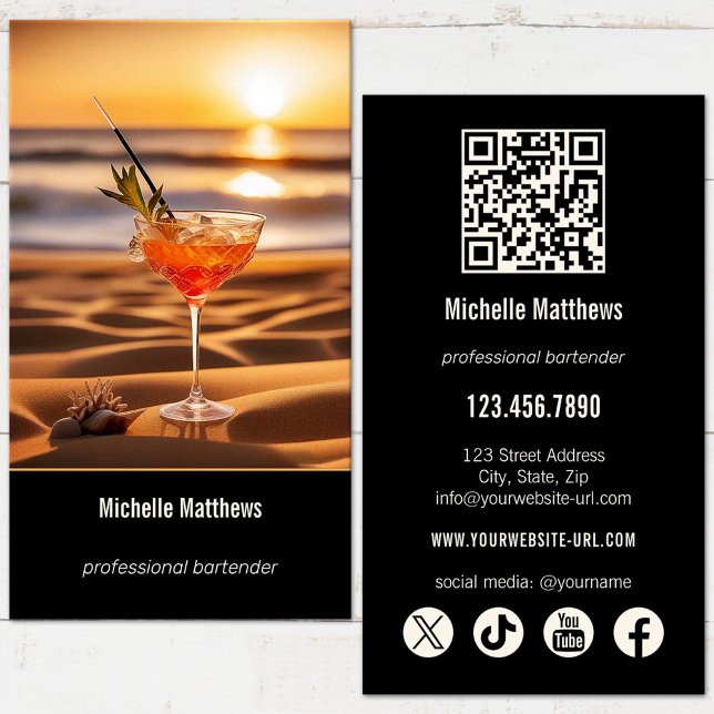 Tarjeta De Visita Moderno cóctel Photo Professional Bartender (Professional bartender business card with image of a cocktail on the beach or your photo - QR code)