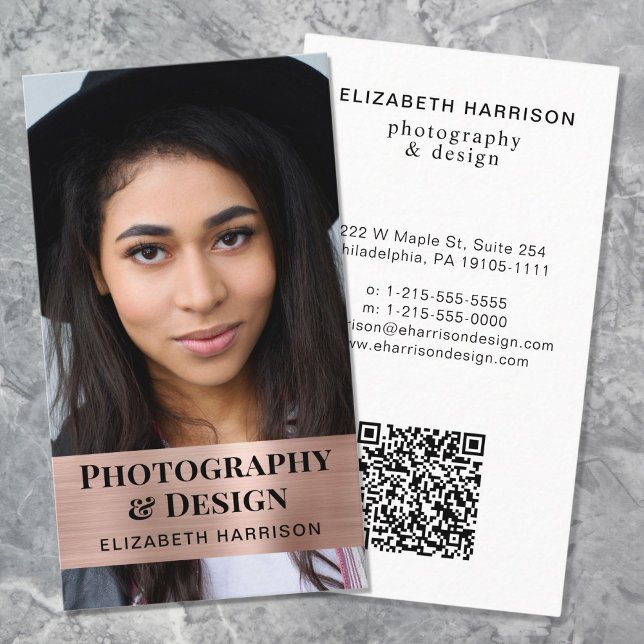 Tarjeta De Visita Moderno código QR Foto Rosa Gold (Input your website address to create a scannable QR code)