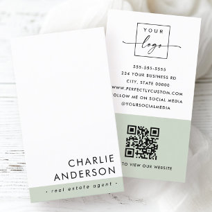 Tarjeta De Visita Moderno código QR mínimo sage vertical verde blanc