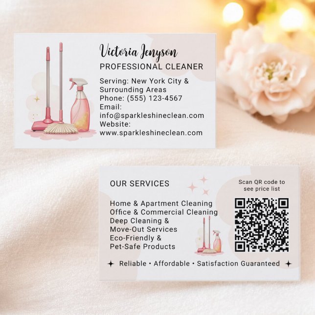 Tarjeta De Visita Moderno código Qr para limpieza profesional de lim (Modern Professional Cleaner Housekeeping Qr Code Business Card)