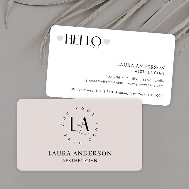Tarjeta De Visita Moderno Crema Neutral Estético Elegante Logo (Minimal cream & business cards with trendy serif fonts and fully editable colors & contact details)