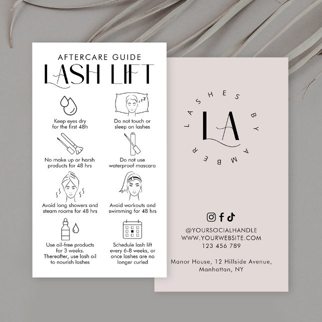 Tarjeta De Visita Moderno Crema y Elegante Blanco Ascensor De Lash (Elegant Lash Lift & Tint care instructions cards with space for your salon logo)