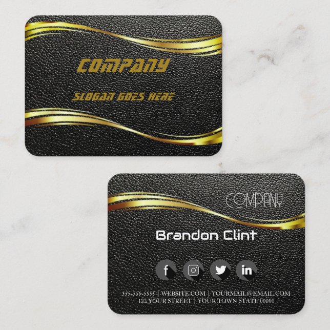 Tarjeta De Visita Moderno cuero negro y dorado (Anverso / Reverso)