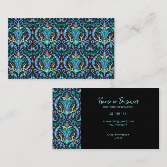 Tarjeta De Visita Moderno Damask Art Deco Negro Turquesa Azul (Anverso / Reverso)