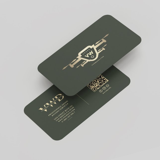 Tarjeta De Visita Moderno Drone Tech Monograma Dark Green (Modern Gold Drone Operator Monogram Dark Green Business Card
)