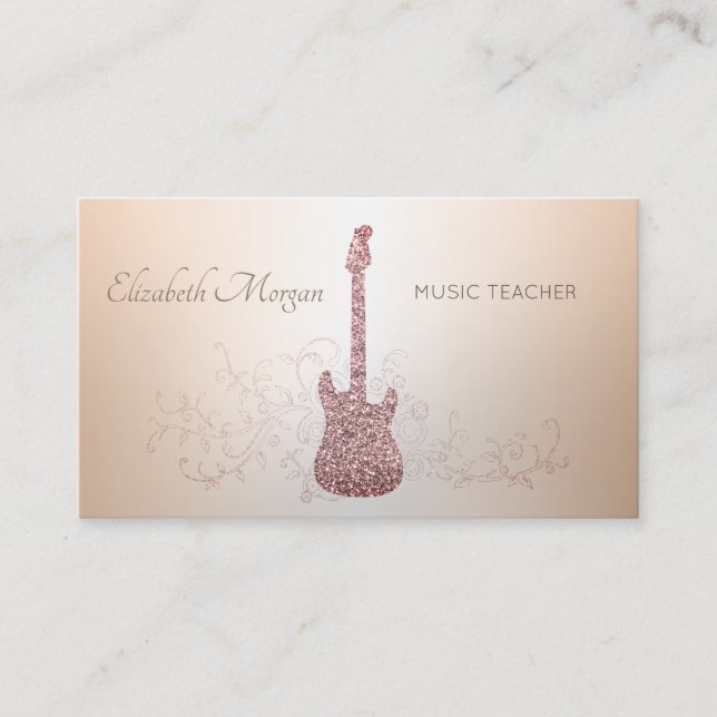 Tarjeta De Visita Moderno Elegante, Guitarra Purpurina, Maestro De M (Anverso)
