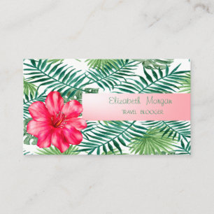 Tarjeta De Visita Moderno Elegante, Hojas de Palma Tropicales, Hibis