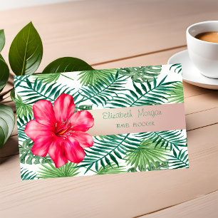 Tarjeta De Visita Moderno Elegante, Hojas de Palma Tropicales, Hibis