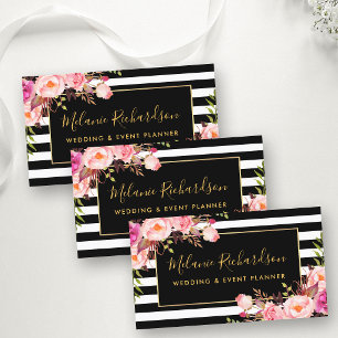 Tarjeta De Visita Moderno Elegante Negro Rayado Floral Rosa Dorado