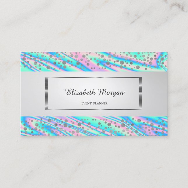 Tarjeta De Visita Moderno Elegante, Stripe,Confetti plateado,Holográ (Anverso)
