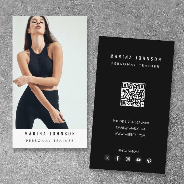 Tarjeta De Visita Moderno entrenador entrenador de fitness Photo QR  (Modern Coach Fitness Trainer Photo QR Code Business Card)
