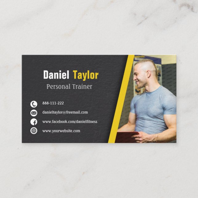 Tarjeta De Visita Moderno entrenador personal de fitness negro con f (Anverso)