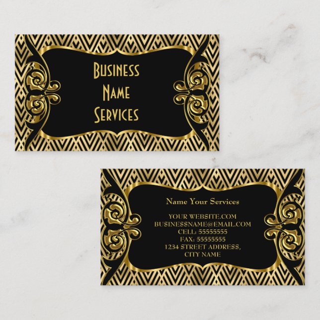 Tarjeta De Visita Moderno estilo Art Deco Dorado Chevron Negro (Anverso / Reverso)