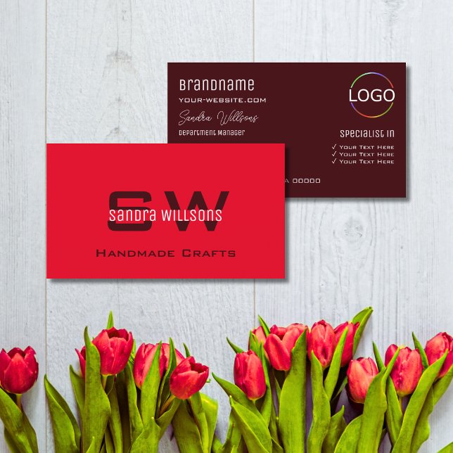 Tarjeta De Visita Moderno estilo Borgoña Rojo con Monograma y Logo (Subido por el creador)