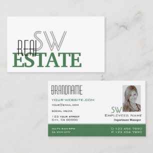 Tarjeta De Visita Moderno estilo verde blanco con monograma y foto