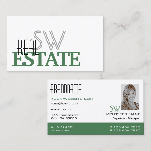 Tarjeta De Visita Moderno estilo verde blanco con monograma y foto (Anverso / Reverso)