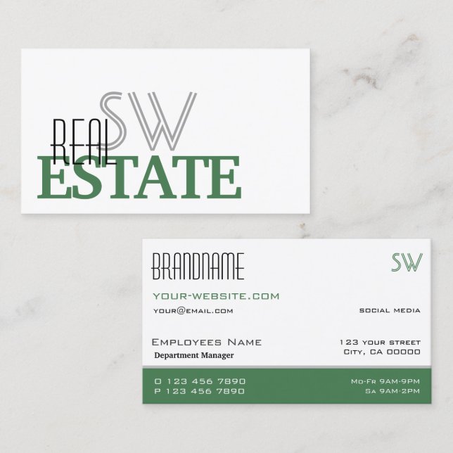 Tarjeta De Visita Moderno estilo verde blanco simple con monograma (Anverso / Reverso)