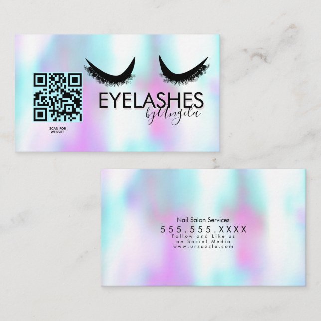 Tarjeta De Visita Moderno Eyelashes Salón Belleza Faux Holographic (Anverso / Reverso)