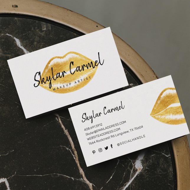 Tarjeta De Visita Moderno Faux Gold Lip Artista de maquillaje de mod (Modern Faux Gold Lip Trendy Makeup Artist White Business Card)