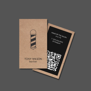 Tarjeta De Visita Moderno Faux Kraft Black QR Code Barber Pole Salon