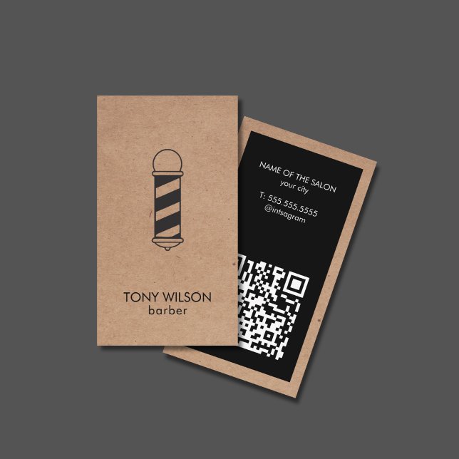 Tarjeta De Visita Moderno Faux Kraft Black QR Code Barber Pole Salon (Subido por el creador)