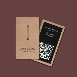 Tarjeta De Visita Moderno Faux Kraft Black QR Code Pin Salon