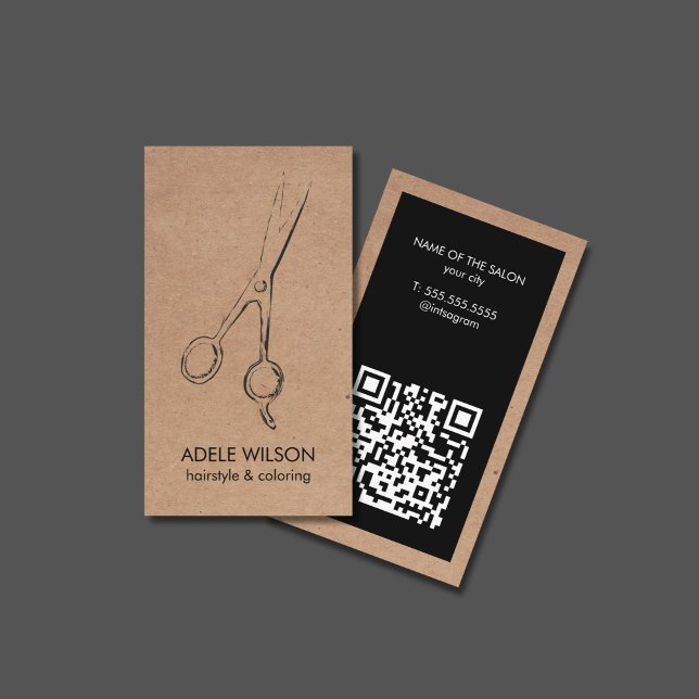 Tarjeta De Visita Moderno Faux Kraft Black QR Code Scissors Salon (Subido por el creador)